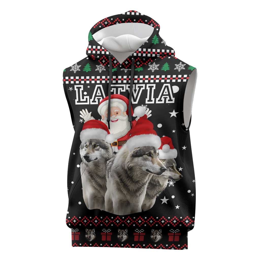 Latvia Christmas Sleeveless Hoodie with Santa Claus and Wolves in Holiday Pattern Design - Wonder Print Shop