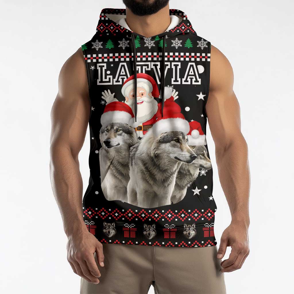 Latvia Christmas Sleeveless Hoodie with Santa Claus and Wolves in Holiday Pattern Design - Wonder Print Shop