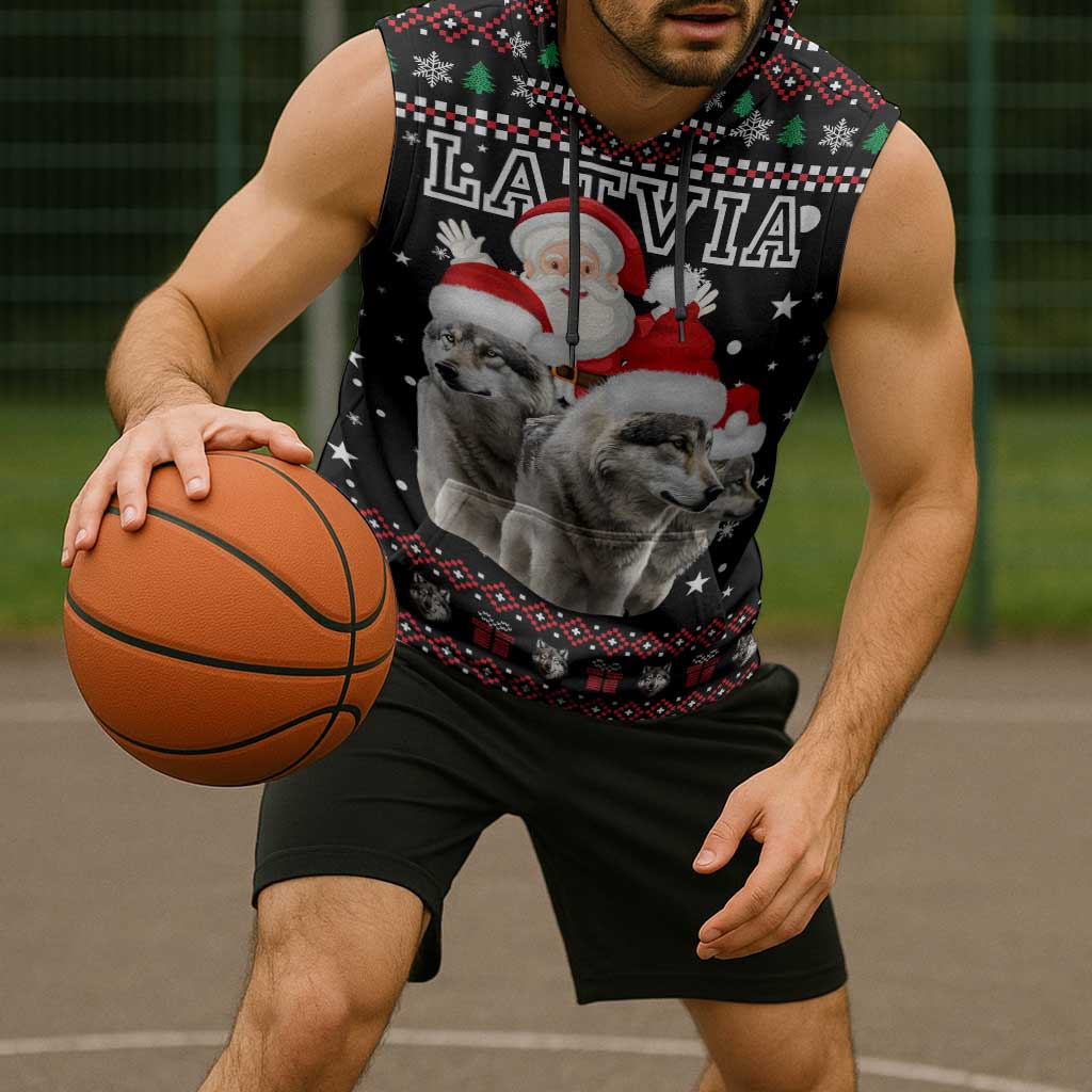 Latvia Christmas Sleeveless Hoodie with Santa Claus and Wolves in Holiday Pattern Design - Wonder Print Shop