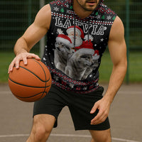 Latvia Christmas Sleeveless Hoodie with Santa Claus and Wolves in Holiday Pattern Design - Wonder Print Shop