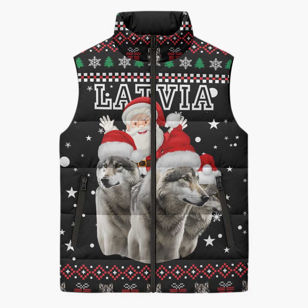 Latvia Christmas Sleeveless Puffer Jacket with Santa Claus and Wolves in Holiday Pattern Design - Wonder Print Shop