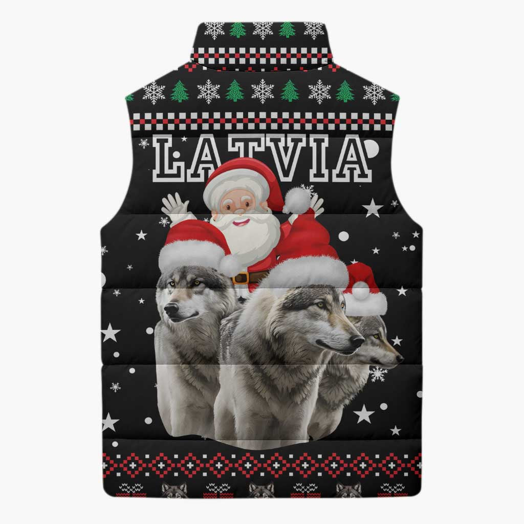 Latvia Christmas Sleeveless Puffer Jacket with Santa Claus and Wolves in Holiday Pattern Design - Wonder Print Shop