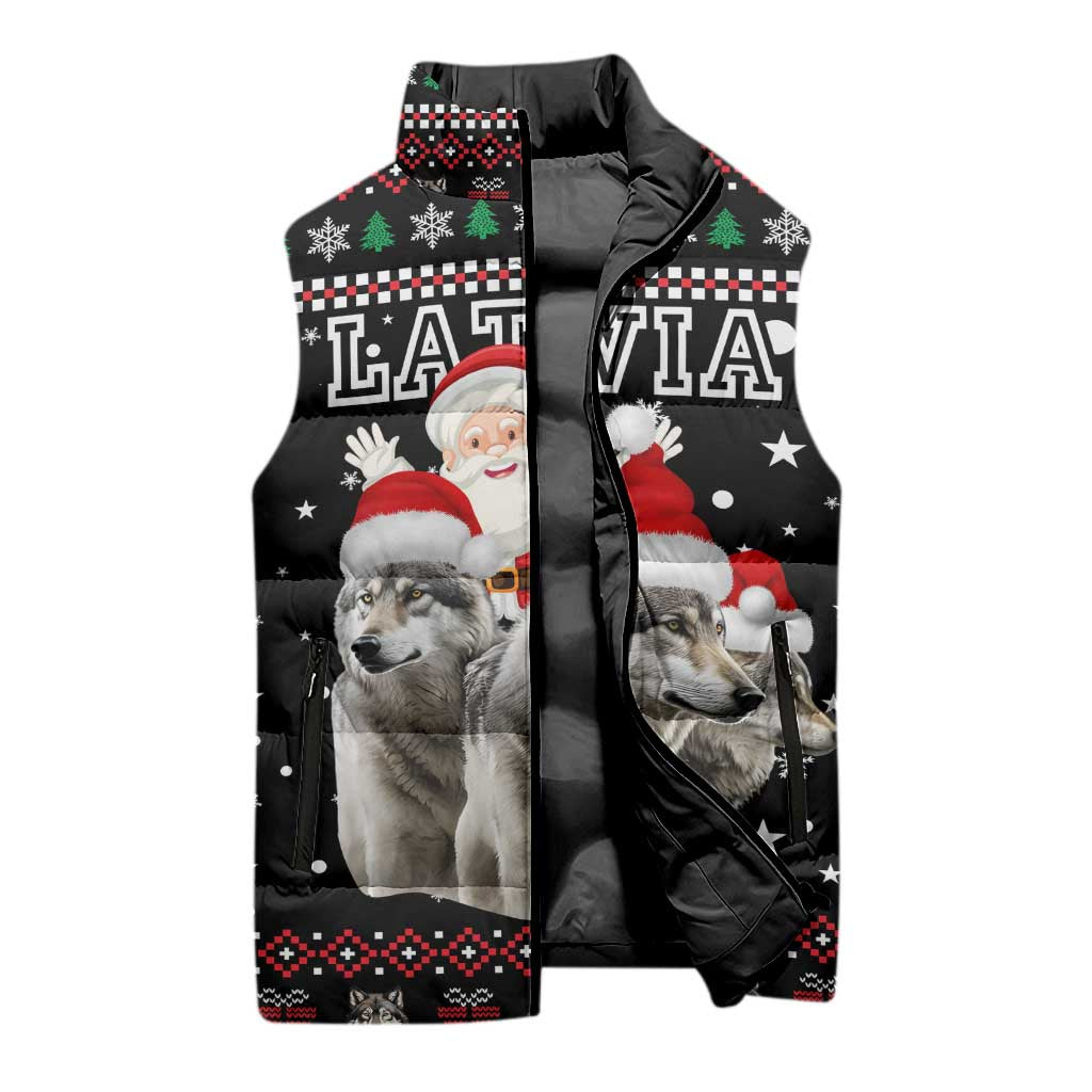 Latvia Christmas Sleeveless Puffer Jacket with Santa Claus and Wolves in Holiday Pattern Design - Wonder Print Shop