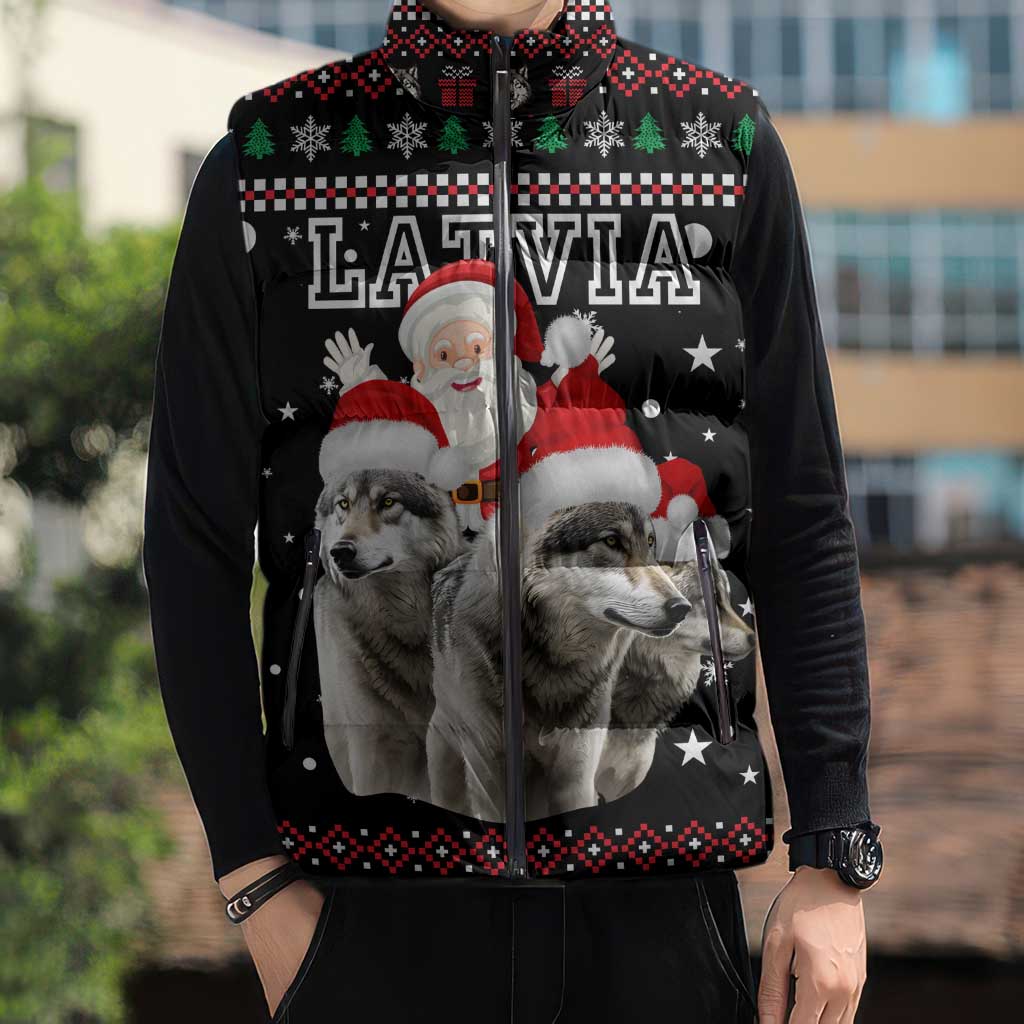 Latvia Christmas Sleeveless Puffer Jacket with Santa Claus and Wolves in Holiday Pattern Design - Wonder Print Shop
