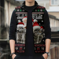 Latvia Christmas Sleeveless Puffer Jacket with Santa Claus and Wolves in Holiday Pattern Design - Wonder Print Shop