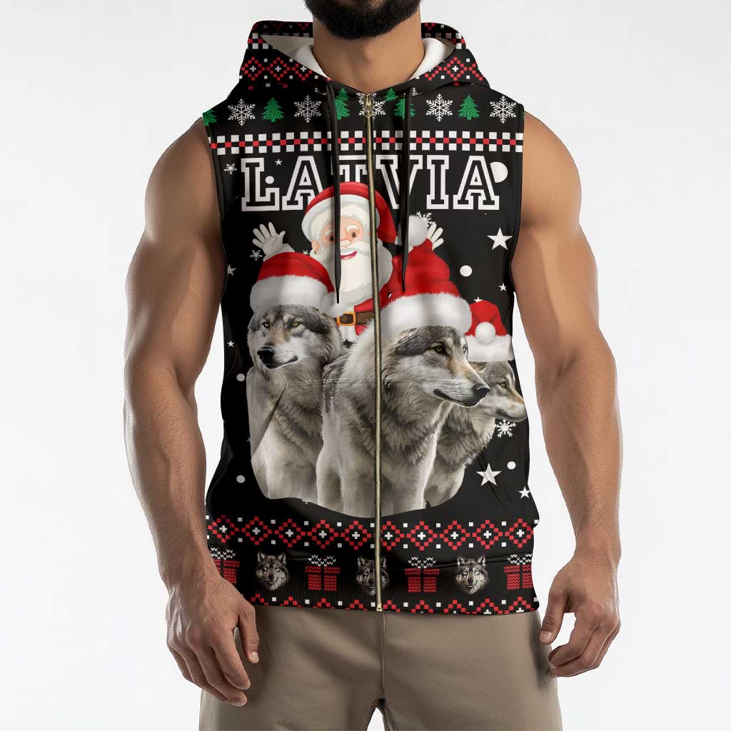 Latvia Christmas Sleeveless Zip Hoodie with Santa Claus and Wolves in Holiday Pattern Design - Wonder Print Shop