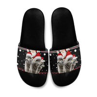 Latvia Christmas Slide Sandals with Santa Claus and Wolves in Holiday Pattern Design - Wonder Print Shop