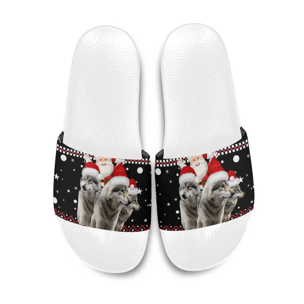 Latvia Christmas Slide Sandals with Santa Claus and Wolves in Holiday Pattern Design - Wonder Print Shop