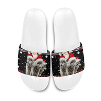Latvia Christmas Slide Sandals with Santa Claus and Wolves in Holiday Pattern Design - Wonder Print Shop