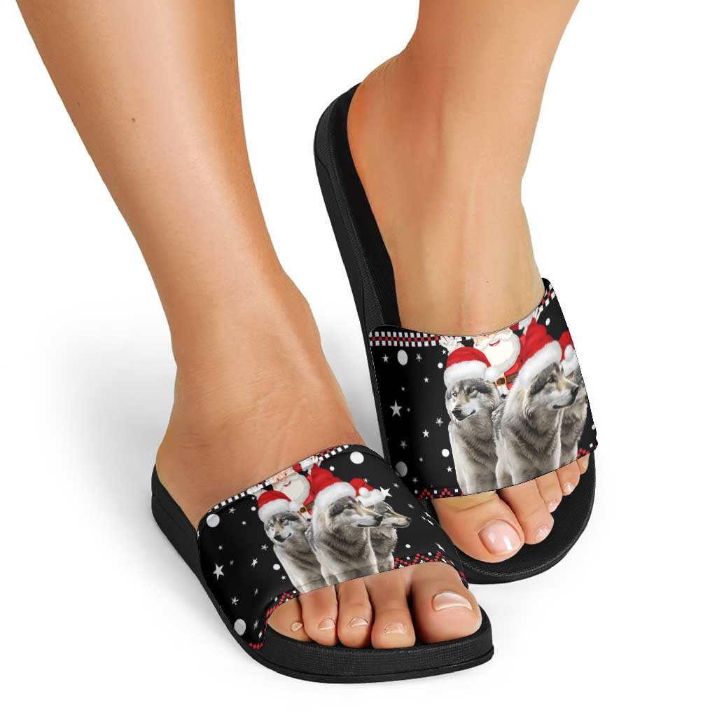 Latvia Christmas Slide Sandals with Santa Claus and Wolves in Holiday Pattern Design - Wonder Print Shop