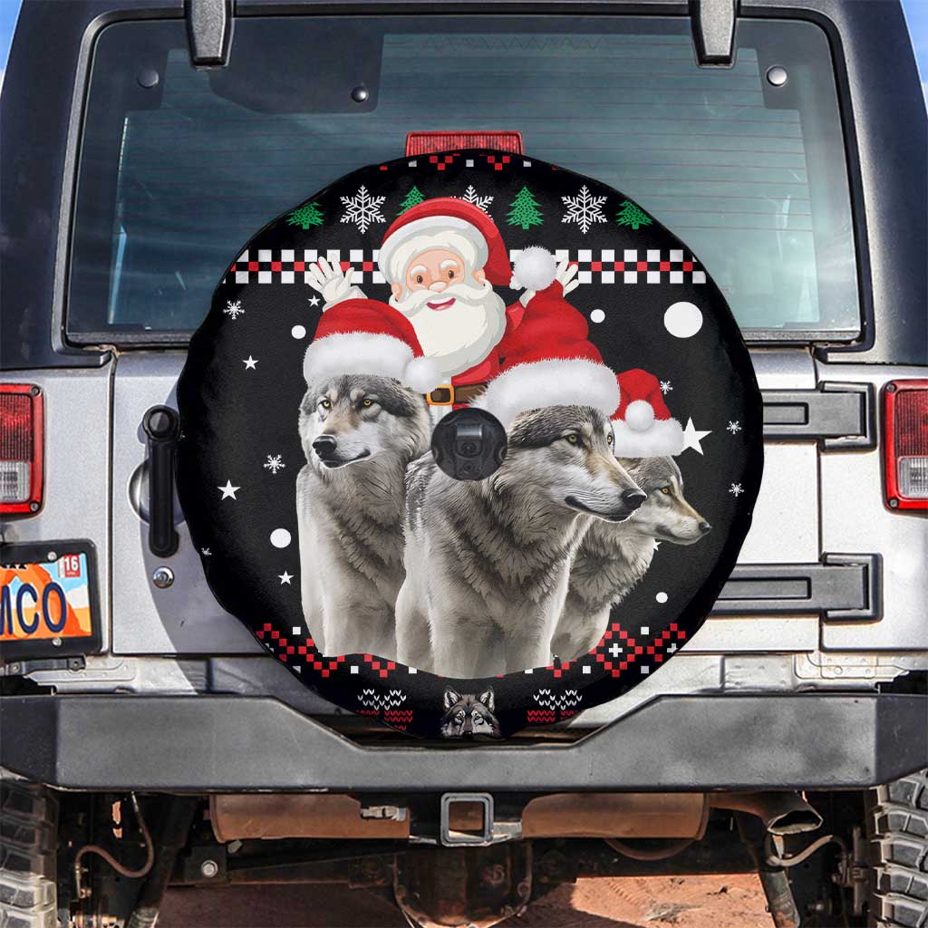 Latvia Christmas Spare Tire Cover with Santa Claus and Wolves in Holiday Pattern Design - Wonder Print Shop