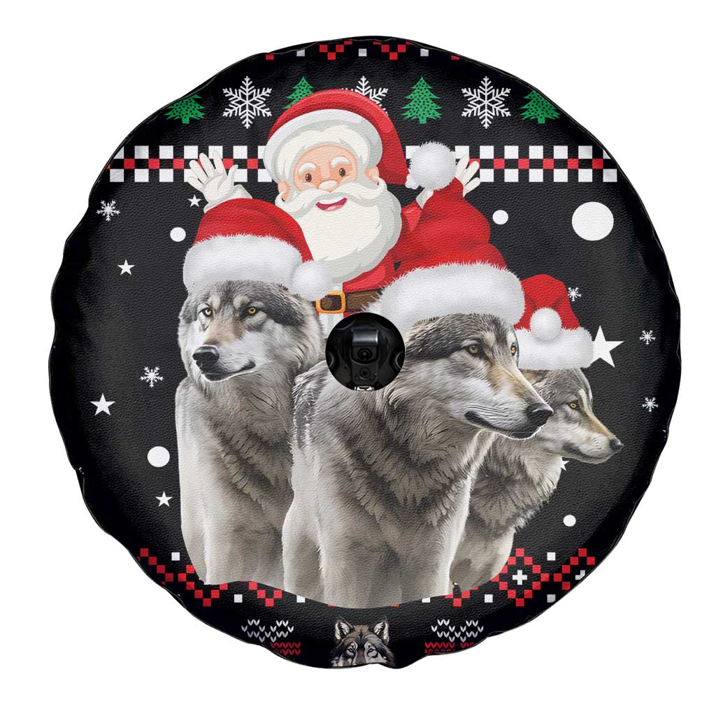 Latvia Christmas Spare Tire Cover with Santa Claus and Wolves in Holiday Pattern Design - Wonder Print Shop