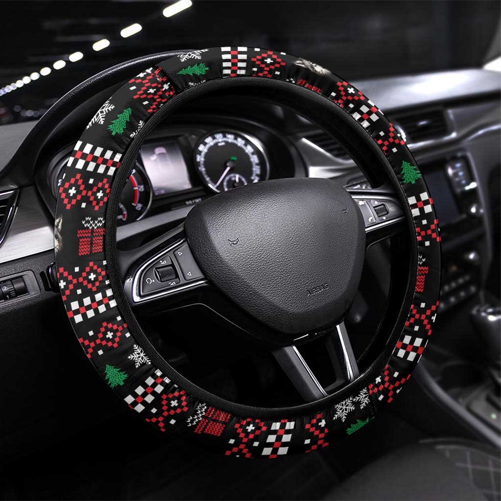 Latvia Christmas Steering Wheel Cover with Santa Claus and Wolves in Holiday Pattern Design - Wonder Print Shop