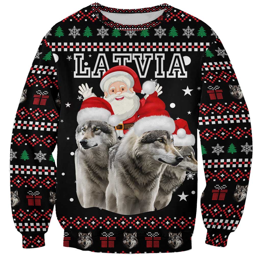Latvia Christmas Sweatshirt with Santa Claus and Wolves in Holiday Pattern Design - Wonder Print Shop