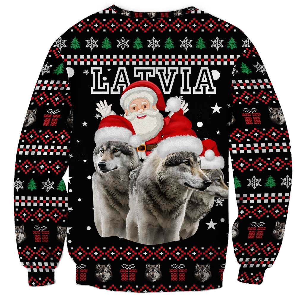 Latvia Christmas Sweatshirt with Santa Claus and Wolves in Holiday Pattern Design - Wonder Print Shop