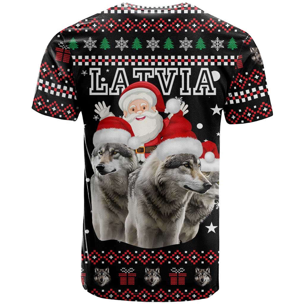 Latvia Christmas T Shirt with Santa Claus and Wolves in Holiday Pattern Design - Wonder Print Shop