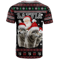 Latvia Christmas T Shirt with Santa Claus and Wolves in Holiday Pattern Design - Wonder Print Shop
