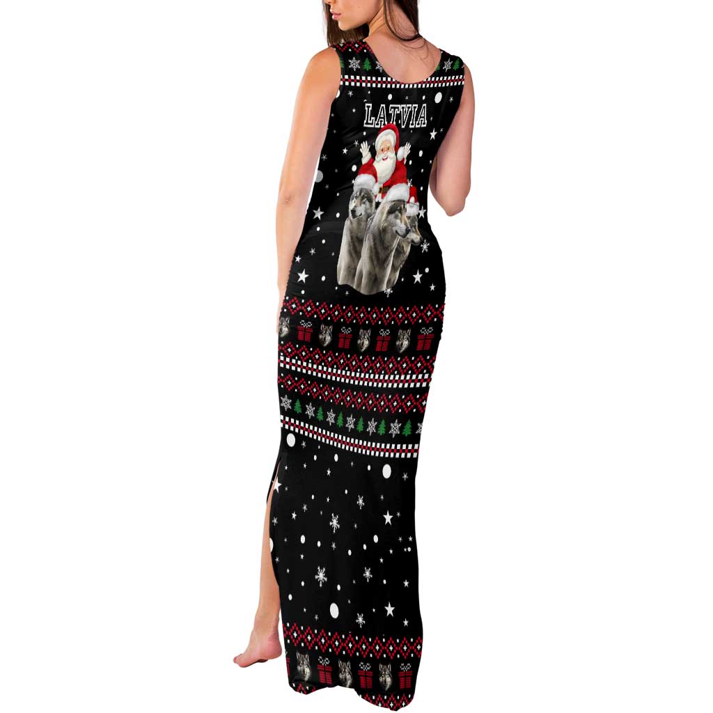 Latvia Christmas Tank Maxi Dress with Santa Claus and Wolves in Holiday Pattern Design - Wonder Print Shop