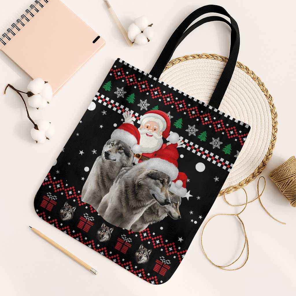 Latvia Christmas Tote Bag with Santa Claus and Wolves in Holiday Pattern Design - Wonder Print Shop