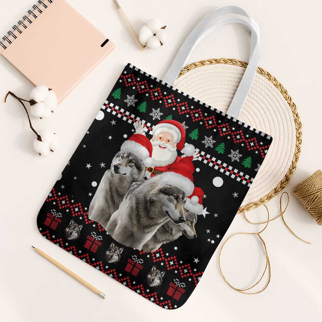 Latvia Christmas Tote Bag with Santa Claus and Wolves in Holiday Pattern Design - Wonder Print Shop