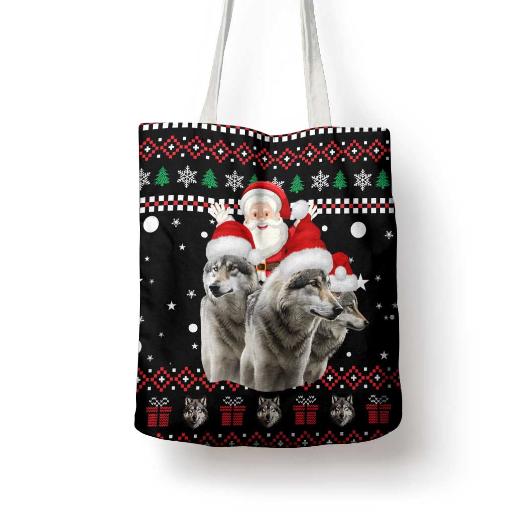 Latvia Christmas Tote Bag with Santa Claus and Wolves in Holiday Pattern Design - Wonder Print Shop