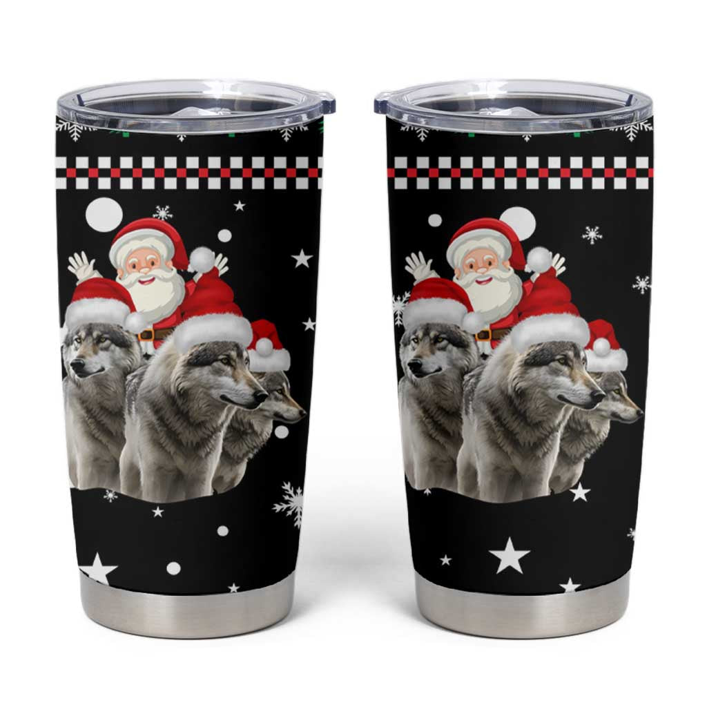 Latvia Christmas Tumbler Cup with Santa Claus and Wolves in Holiday Pattern Design - Wonder Print Shop