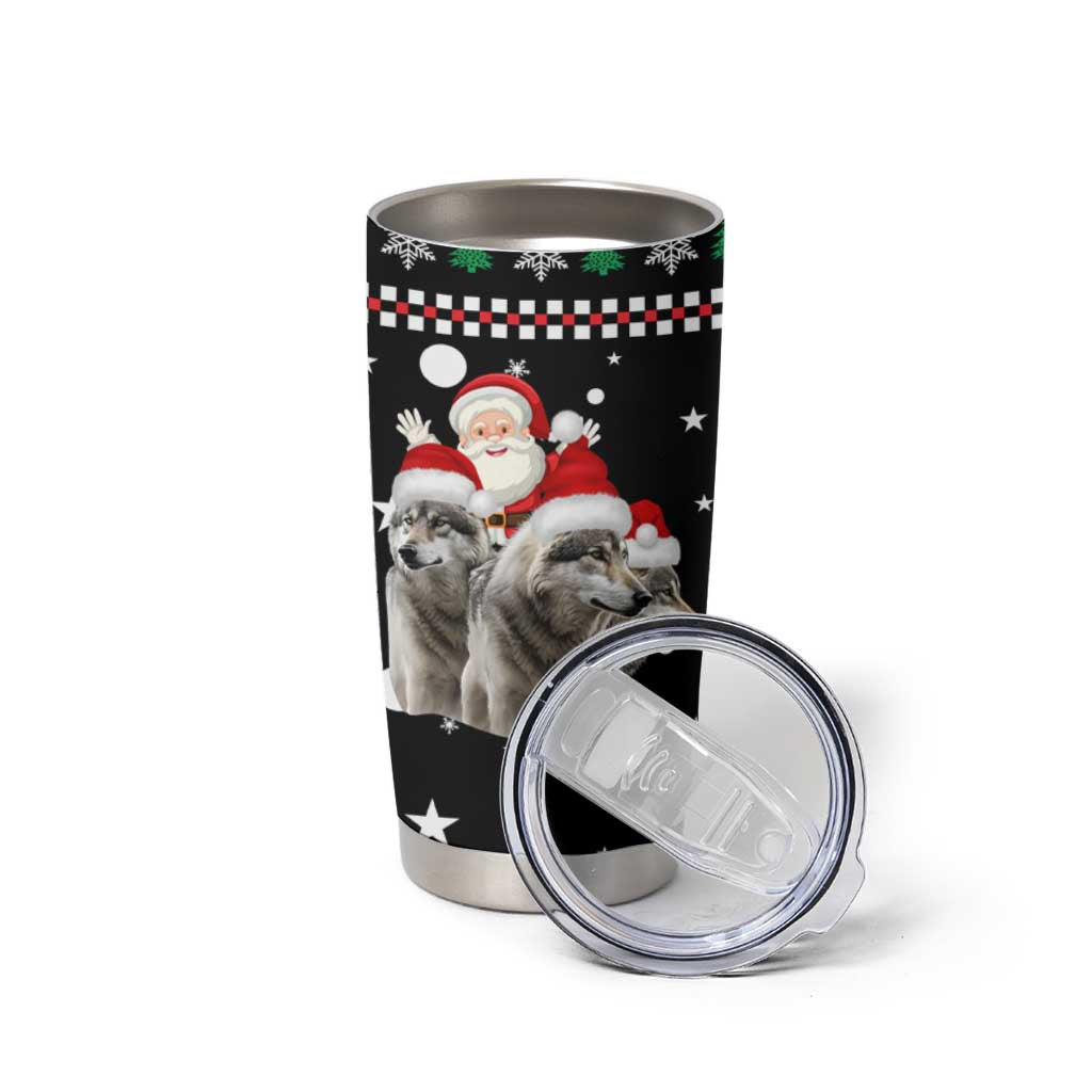 Latvia Christmas Tumbler Cup with Santa Claus and Wolves in Holiday Pattern Design - Wonder Print Shop