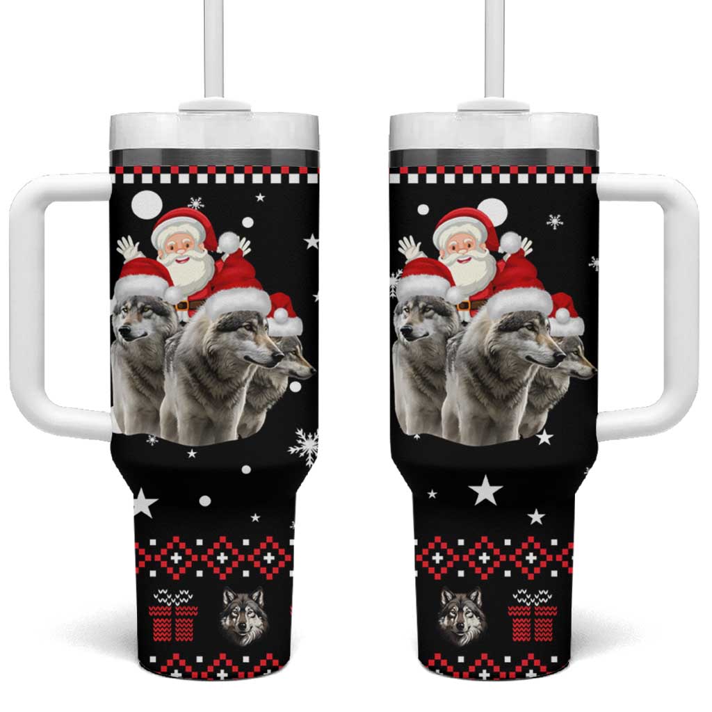 Latvia Christmas Tumbler With Handle with Santa Claus and Wolves in Holiday Pattern Design - Wonder Print Shop