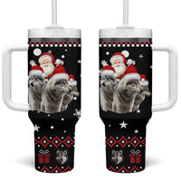 Latvia Christmas Tumbler With Handle with Santa Claus and Wolves in Holiday Pattern Design - Wonder Print Shop