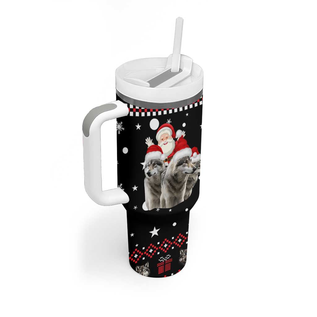 Latvia Christmas Tumbler With Handle with Santa Claus and Wolves in Holiday Pattern Design - Wonder Print Shop