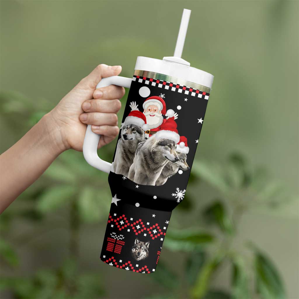 Latvia Christmas Tumbler With Handle with Santa Claus and Wolves in Holiday Pattern Design - Wonder Print Shop