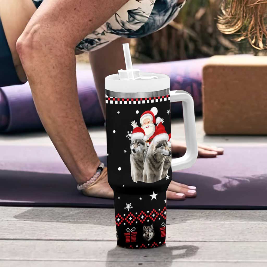 Latvia Christmas Tumbler With Handle with Santa Claus and Wolves in Holiday Pattern Design - Wonder Print Shop