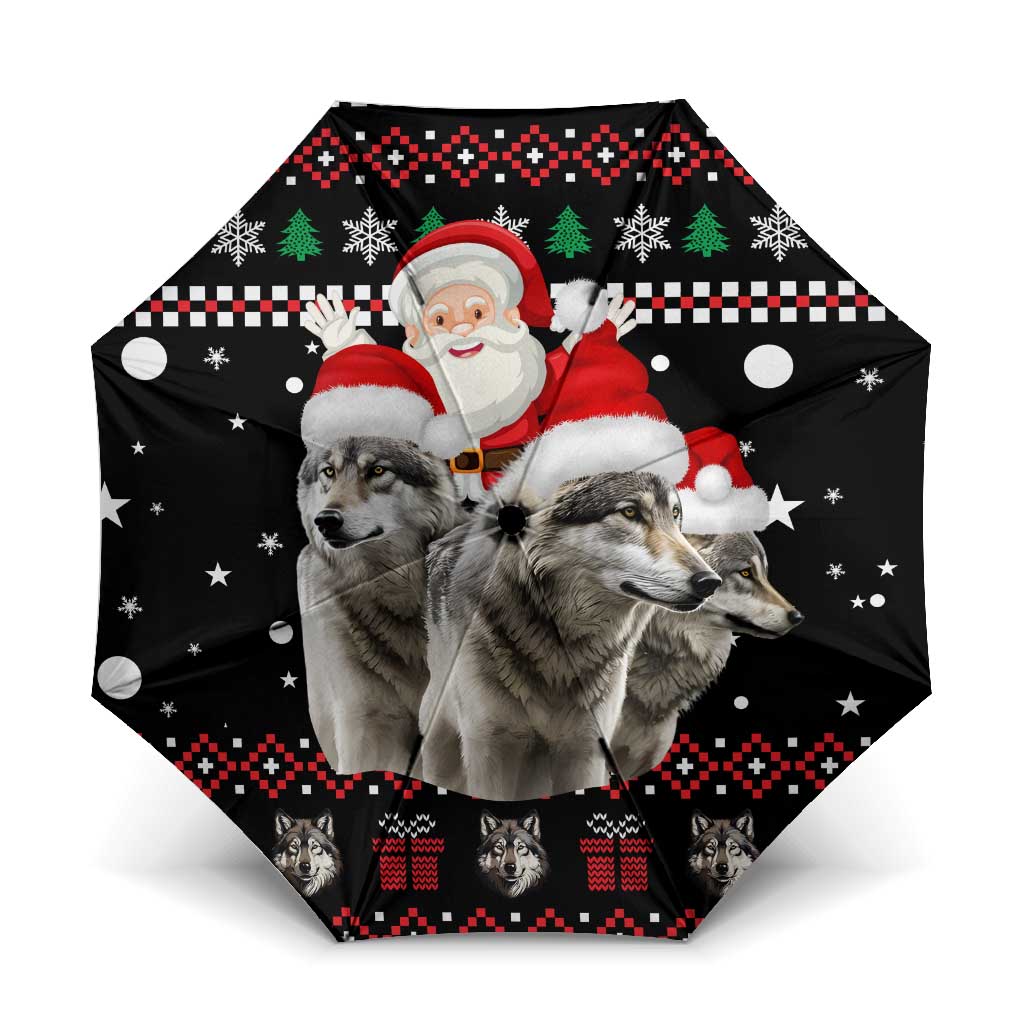 Latvia Christmas Umbrella with Santa Claus and Wolves in Holiday Pattern Design - Wonder Print Shop