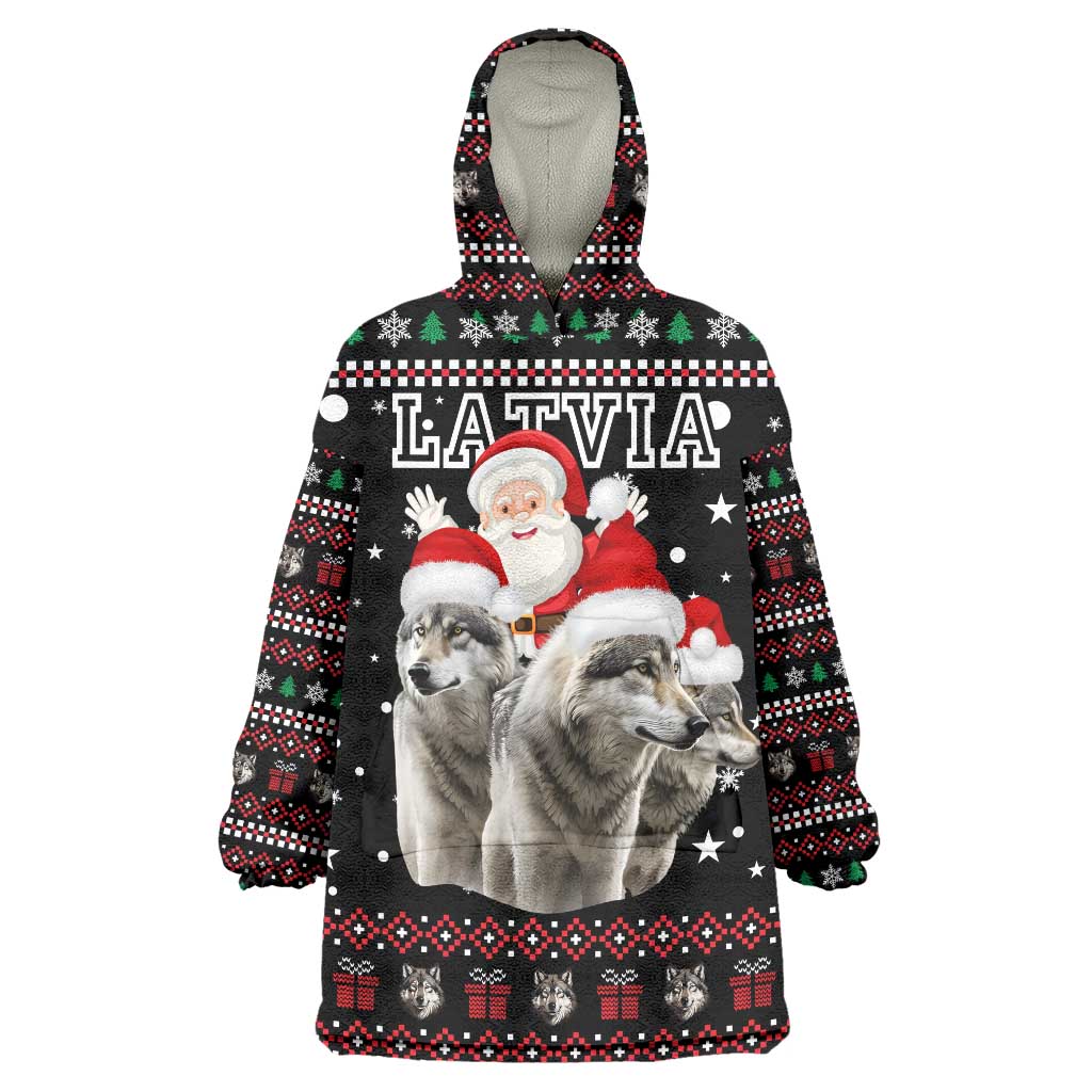 Latvia Christmas Wearable Blanket Hoodie with Santa Claus and Wolves in Holiday Pattern Design - Wonder Print Shop