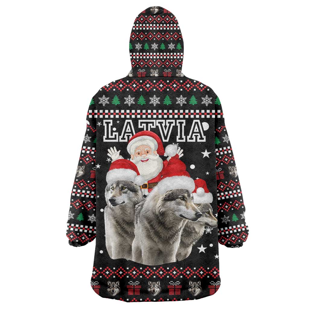 Latvia Christmas Wearable Blanket Hoodie with Santa Claus and Wolves in Holiday Pattern Design - Wonder Print Shop
