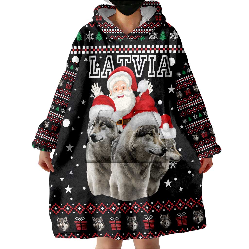 Latvia Christmas Wearable Blanket Hoodie with Santa Claus and Wolves in Holiday Pattern Design - Wonder Print Shop