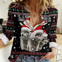 Latvia Christmas Women Casual Shirt with Santa Claus and Wolves in Holiday Pattern Design - Wonder Print Shop