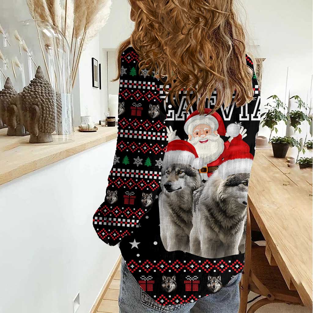 Latvia Christmas Women Casual Shirt with Santa Claus and Wolves in Holiday Pattern Design - Wonder Print Shop