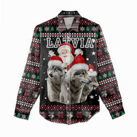 Latvia Christmas Women Casual Shirt with Santa Claus and Wolves in Holiday Pattern Design - Wonder Print Shop