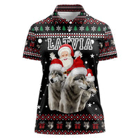 Latvia Christmas Women Polo Shirt with Santa Claus and Wolves in Holiday Pattern Design - Wonder Print Shop
