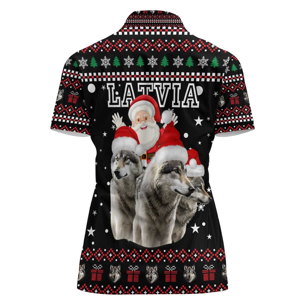 Latvia Christmas Women Polo Shirt with Santa Claus and Wolves in Holiday Pattern Design - Wonder Print Shop