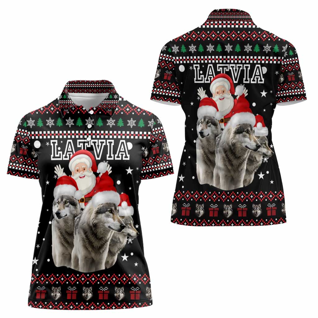 Latvia Christmas Women Polo Shirt with Santa Claus and Wolves in Holiday Pattern Design - Wonder Print Shop