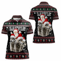 Latvia Christmas Women Polo Shirt with Santa Claus and Wolves in Holiday Pattern Design - Wonder Print Shop