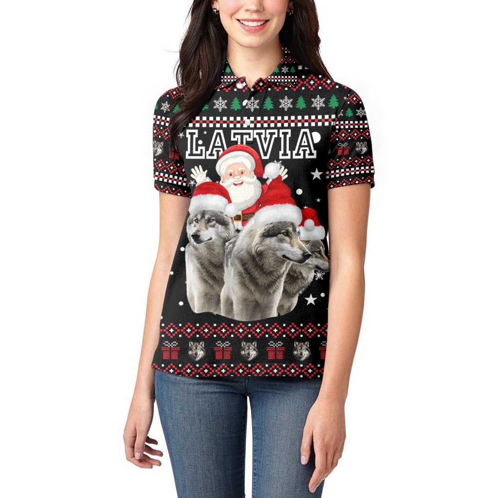 Latvia Christmas Women Polo Shirt with Santa Claus and Wolves in Holiday Pattern Design - Wonder Print Shop