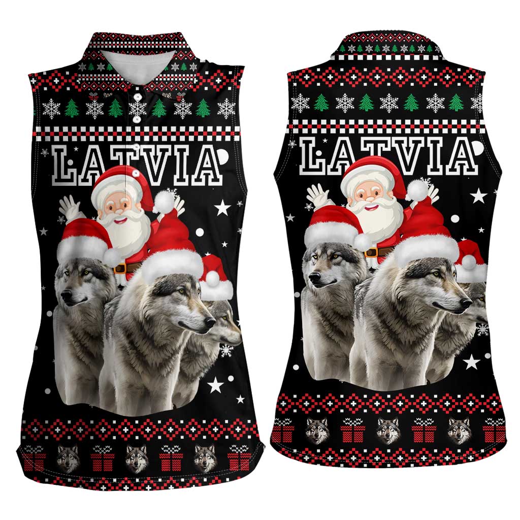 Latvia Christmas Women Sleeveless Polo Shirt with Santa Claus and Wolves in Holiday Pattern Design - Wonder Print Shop