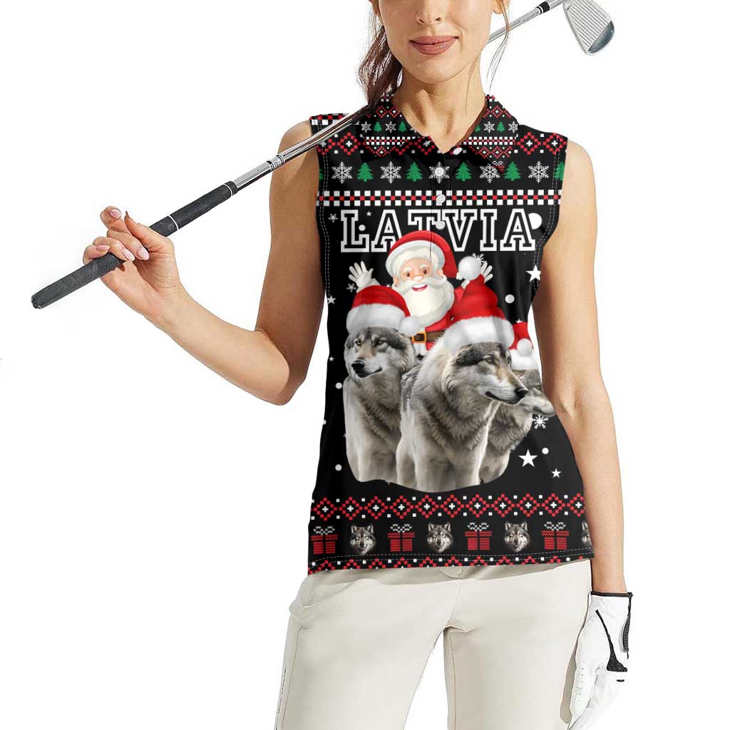 Latvia Christmas Women Sleeveless Polo Shirt with Santa Claus and Wolves in Holiday Pattern Design - Wonder Print Shop