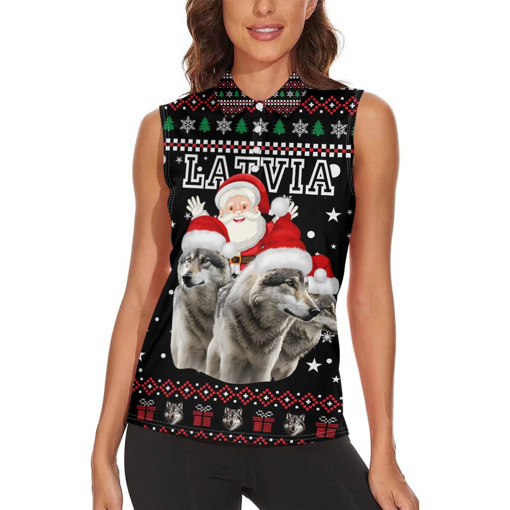 Latvia Christmas Women Sleeveless Polo Shirt with Santa Claus and Wolves in Holiday Pattern Design - Wonder Print Shop