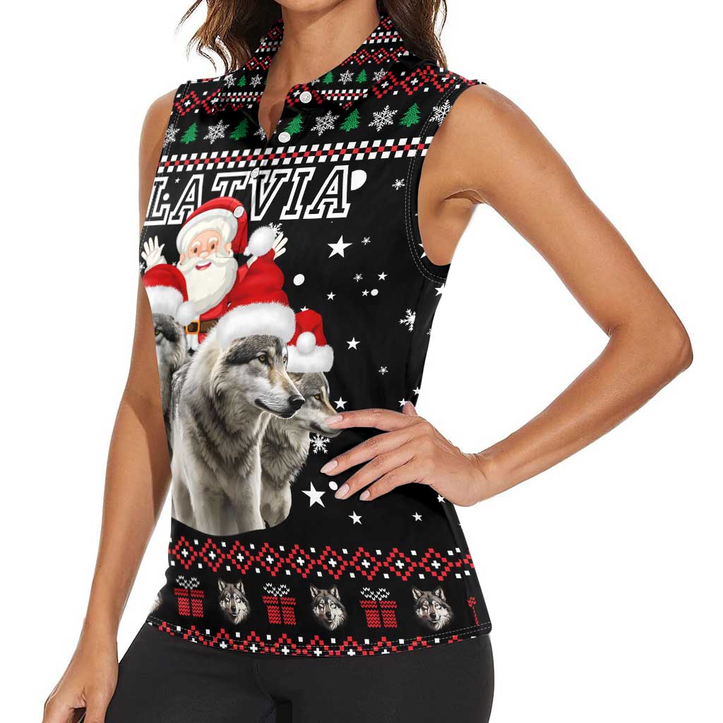 Latvia Christmas Women Sleeveless Polo Shirt with Santa Claus and Wolves in Holiday Pattern Design - Wonder Print Shop