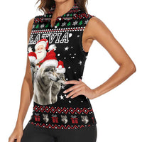 Latvia Christmas Women Sleeveless Polo Shirt with Santa Claus and Wolves in Holiday Pattern Design - Wonder Print Shop