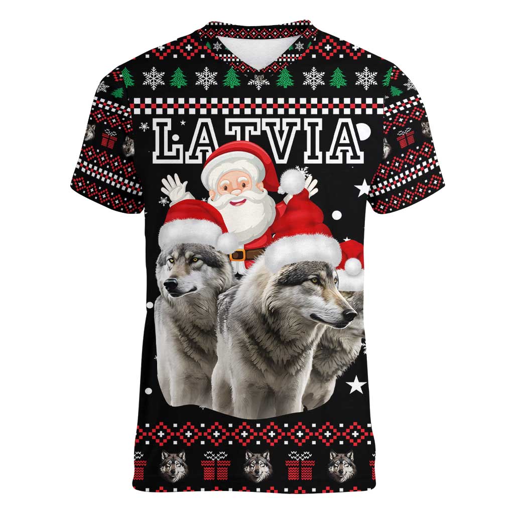 Latvia Christmas Women V-Neck T-Shirt with Santa Claus and Wolves in Holiday Pattern Design - Wonder Print Shop
